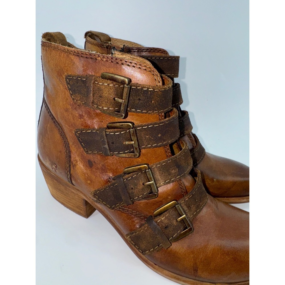 BED|STU ROAN Brown Leather Boots 4 Buckle Block Heel Moto Boho Western Sz 7.5 - Picture 3 of 14